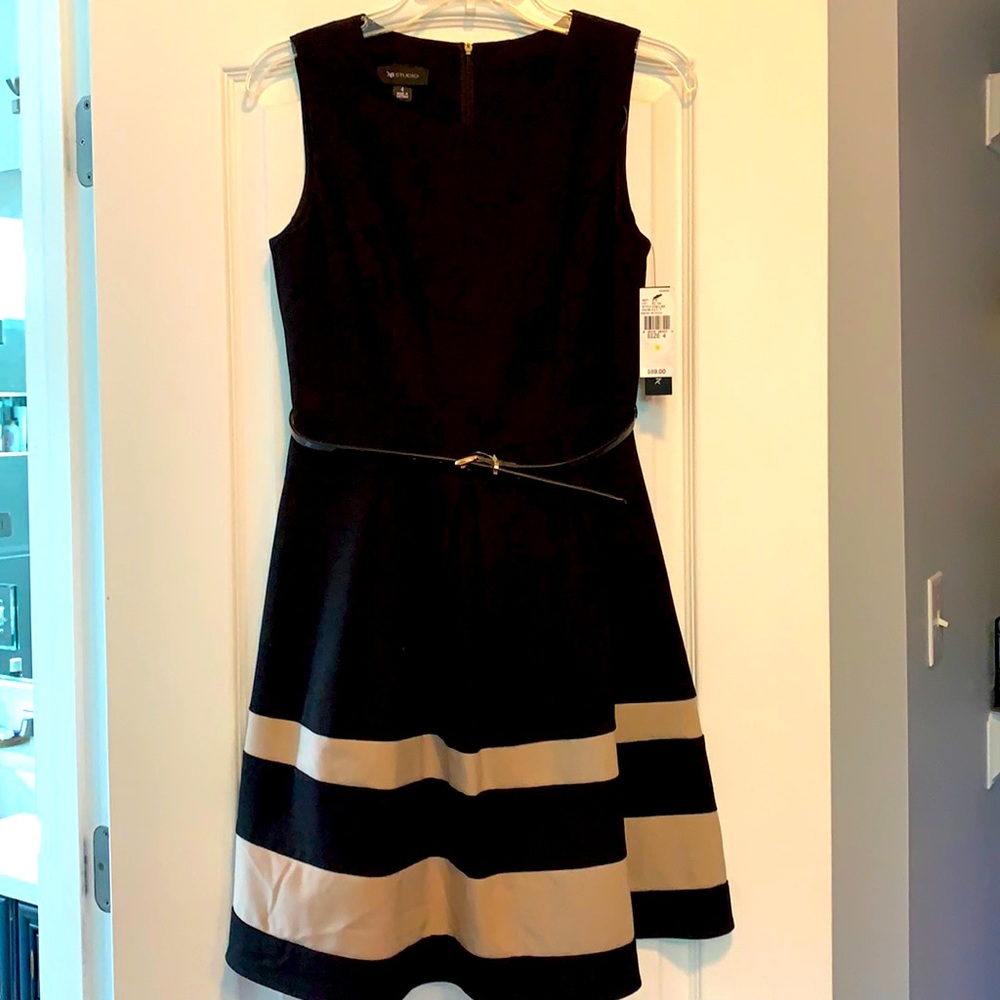 AB Studio Black and Tan Dress with Belt, Size 4